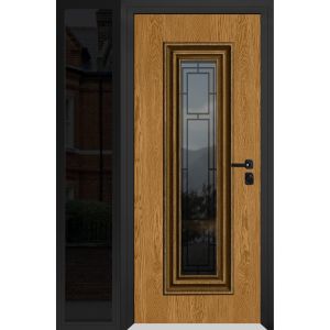 Front Exterior Prehung Steel Door / Ballucio 6644 Natural Oak / Black Side Exterior Window Sidelite / Entry Metal Modern Painted W36+12" x H80" Left hand Inswing
