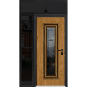Front Exterior Prehung Steel Door / Ballucio 6644 Natural Oak / Black Side and Top Exterior Window Sidelite / Entry Metal Modern Painted W36+12" x H80+16" Left hand Inswing