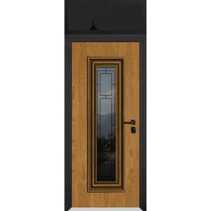 Front Exterior Prehung Steel Door / Ballucio 6644 Natural Oak / Black Top Exterior Window Sidelite / Entry Metal Modern Painted W36" x H80+16" Left hand Inswing