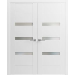 Solid French Double Doors Opaque Glass / Sete 6900 White Silk / Wood Solid Panel Frame / Closet Bedroom Modern Doors -36" x 80"