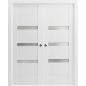 Sliding French Double Pocket Doors 36 x 80 inches Opaque Glass / Sete 6900 White Silk / Kit Rail Hardware / MDF Interior Bedroom Modern Doors