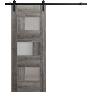 Sturdy Barn Door Frosted Glass | Sete 6933 Nebraska Grey | 6.6FT Rail Hangers Heavy Hardware Set | Solid Panel Interior Doors-18" x 80"