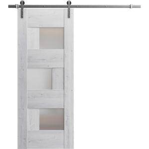 Sturdy Barn Door Frosted Glass | Sete 6933 Nordic White | 6.6FT Rail Hangers Heavy Hardware Set | Solid Panel Interior Doors-18" x 80"