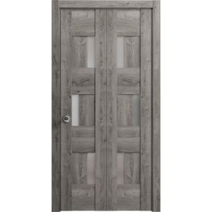 Sliding Closet Bi-fold Doors | Sete 6933 Nebraska Grey with Frosted Glass | Sturdy Tracks Moldings Trims Hardware Set | Wood Solid Bedroom Wardrobe Doors 