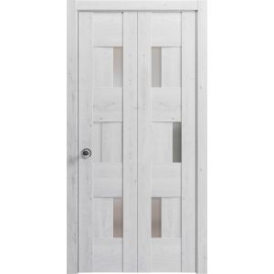 Sliding Closet Bi-fold Doors | Sete 6933 Nordic White with Frosted Glass | Sturdy Tracks Moldings Trims Hardware Set | Wood Solid Bedroom Wardrobe Doors 