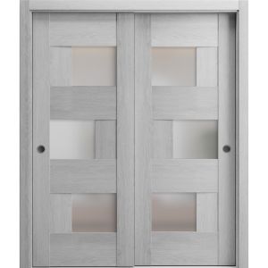 Sliding Closet Bypass Doors with Frosted Glass | Sete 6933 Light Grey Oak| Sturdy Rails Moldings Trims Hardware Set | Wood Solid Bedroom Wardrobe Doors -36" x 80" (2* 18x80)