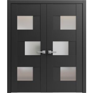 Solid French Double Doors Frosted Glass | Sete 6933 Matte Black | Wood Solid Panel Frame Trims | Closet Bedroom Sturdy Doors -36" x 80" (2* 18x80)