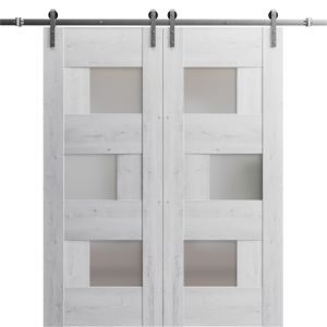 Sturdy Double Barn Door with Frosted Glass | Sete 6933 Nordic White | 13FT Rail Hangers Heavy Set | Solid Panel Interior Doors-36" x 80" (2* 18x80)
