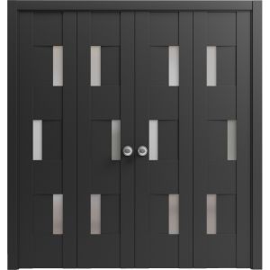 Sliding Closet Double Bi-fold Doors | Sete 6933 Matte Black with Frosted Glass | Sturdy Tracks Moldings Trims Hardware Set | Wood Solid Bedroom Wardrobe Doors 