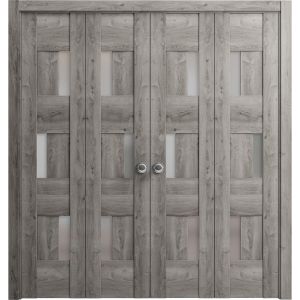 Sliding Closet Double Bi-fold Doors | Sete 6933 Nebraska Grey with Frosted Glass | Sturdy Tracks Moldings Trims Hardware Set | Wood Solid Bedroom Wardrobe Doors 