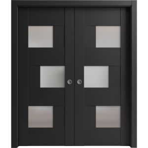 Sliding French Double Pocket Doors | Sete 6933 Matte Black with Frosted Glass | Kit Trims Rail Hardware | Solid Wood Interior Bedroom Sturdy Doors