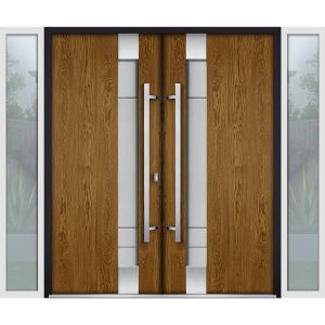 Front Exterior Prehung Steel Double Doors / Deux 1713 Natural Oak / 2 White Sidelight Exterior Windows / Stainless Inserts Double Modern Painted-Left Hand-W12+72+12" x H80"
