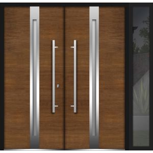 Front Exterior Prehung Steel Double Doors / Deux 1744 Natural Oak / Side Exterior Black Window / Stainless Inserts Single Modern Painted