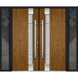 Front Exterior Prehung Steel Double Doors / Deux 1713 Natural Oak / 2 Black Sidelight Exterior Windows / Stainless Inserts Single Modern Painted-W12+72+12" x H80"