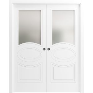 Sliding French Double Pocket Doors 36 x 80 inches Opaque Glass / Mela 7012 Matte White / Kit Rail Hardware / Wood Interior Bedroom Modern Doors