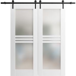 Modern Double Barn Door 4 Lites / Mela 7222 Matte White with Frosted Glass / 13FT Rail Track Set / Solid Panel Interior Doors