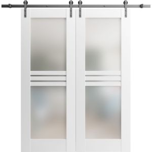 Modern Double Barn Door 4 Lites / Mela 7222 Matte White with Frosted Glass / 13FT Rail Track Set / Solid Panel Interior Doors-36" x 80"