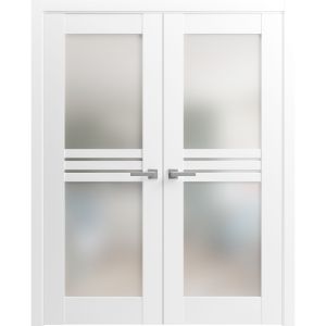 Solid French Double Doors Opaque Glass 4 Lites / Mela 7222 White Silk with Frosted Glass / Wood Solid Panel Frame / Closet Bedroom Modern Doors -36" x 80"
