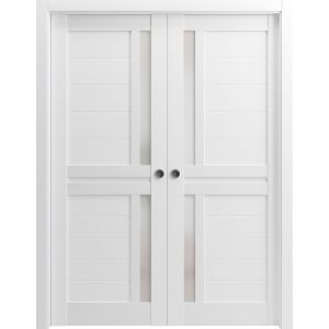 Sliding French Double Pocket Doors | Veregio 7288 White Silk with Frosted Glass | Kit Trims Rail Hardware | Solid Wood Interior Bedroom Sturdy Doors