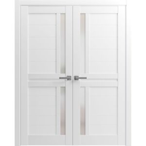 Interior Solid French Double Doors | Veregio 7288 White Silk with Frosted Glass | Wood Solid Panel Frame Trims | Closet Bedroom Sturdy Doors 
