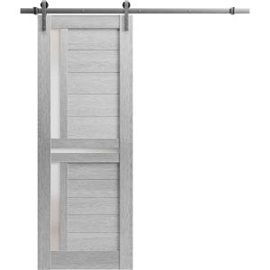 Sturdy Barn Door | Veregio 7288 Light Grey Oak with Frosted Glass | 6.6FT Silver Rail Hangers Heavy Hardware Set | Solid Panel Interior Doors