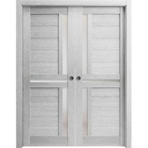 Sliding French Double Pocket Doors | Veregio 7288 Light Grey Oak with Frosted Glass | Kit Trims Rail Hardware | Solid Wood Interior Bedroom Sturdy Doors