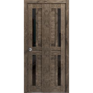 Sliding Closet Bi-fold Doors | Veregio 7588 Cognac Oak with Black Glass | Sturdy Tracks Moldings Trims Hardware Set | Wood Solid Bedroom Wardrobe Doors 