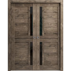 Sliding French Double Pocket Doors | Veregio 7588 Cognac Oak with Black Glass | Kit Trims Rail Hardware | Solid Wood Interior Bedroom Sturdy Doors