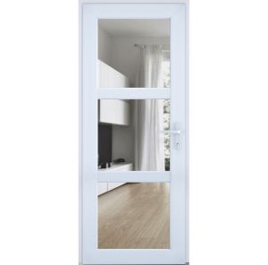 Front Exterior Prehung FiberGlass Door Clear Glass See-through / Manux 8555 White Silk Clear Glass / Office Commercial and Residential Doors Entrance Patio Garage-W30" x H80"-Left-hand Inswing