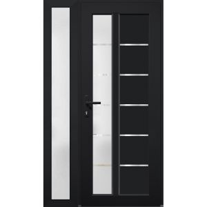 Front Exterior Prehung FiberGlass Door Frosted Glass / Manux 8088 Matte Black / Side Exterior Window /  Office Commercial and Residential Doors Entrance Patio Garage-W36+12" x H80"-Right-hand Inswing