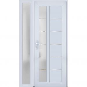 Front Exterior Prehung FiberGlass Door Frosted Glass / Manux 8088 White Silk / Side Exterior Window /  Office Commercial and Residential Doors Entrance Patio Garage-W36+12" x H80"-Right-hand Inswing