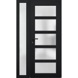 Front Exterior Prehung Metal-Plastic Door Frosted Glass / Manux 8002 Matte Black / Side Exterior Window /  Office Commercial and Residential Doors Entrance Patio Garage-W36+12" x H80"-Right-hand Inswing
