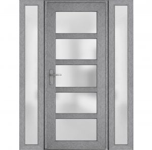 Front Exterior Prehung Metal-Plastic Door Frosted Glass / Manux 8002 Grey Ash / 2 Side Exterior Windows / Office Commercial and Residential Doors Entrance Patio Garage-W12+36+12" x H80"-Right-hand Inswing