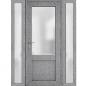 Front Exterior Prehung FiberGlass Door Frosted Glass / Manux 8422 Grey Ash / 2 Side Exterior Windows / Office Commercial and Residential Doors Entrance Patio Garage-W12+36+12" x H80"-Right-hand Inswing