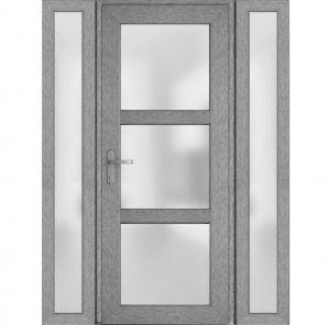 Front Exterior Prehung FiberGlass Door Frosted Glass / Manux 8552 Grey Ash / 2 Side Exterior Windows / Office Commercial and Residential Doors Entrance Patio Garage-W12+36+12" x H80"-Right-hand Inswing