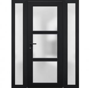 Front Exterior Prehung FiberGlass Door Frosted Glass / Manux 8552 Matte Black / 2 Side Exterior Windows / Office Commercial and Residential Doors Entrance Patio Garage-W12+36+12" x H80"-Right-hand Inswing