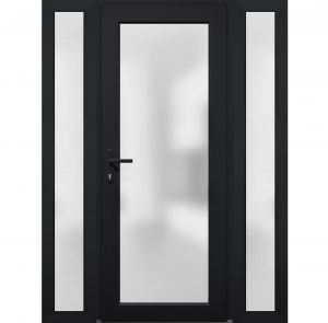 Front Exterior Prehung Metal-Plastic Door Frosted Glass / Manux 8102 Matte Black / 2 Side Exterior Windows / Office Commercial and Residential Doors Entrance Patio Garage-W12+30+12" x H80"-Right-hand Inswing