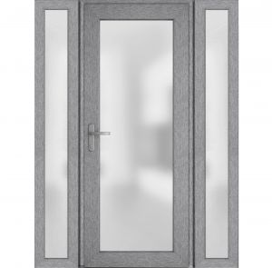 Front Exterior Prehung Metal-Plastic Door Frosted Glass / Manux 8102 Grey Ash / 2 Side Exterior Windows / Office Commercial and Residential Doors Entrance Patio Garage-W12+30+12" x H80"-Right-hand Inswing