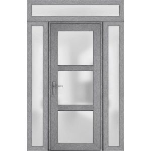 Front Exterior Prehung FiberGlass Door Frosted Glass / Manux 8552 Grey Ash / 2 Side and Top Exterior Window / Office Commercial and Residential Doors Entrance Patio Garage-W14+36+14" x H80+14"-Right-hand Inswing