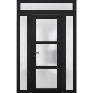 Front Exterior Prehung FiberGlass Door Frosted Glass / Manux 8552 Matte Black / 2 Side and Top Exterior Window / Office Commercial and Residential Doors Entrance Patio Garage-W14+36+14" x H80+14"-Right-hand Inswing