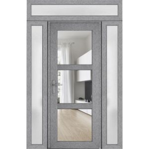 Front Exterior Prehung FiberGlass Door Clear Glass See-through / Manux 8555 Grey Ash Clear Glass / 2 Side and Top Exterior Window / Office Commercial and Residential Doors Entrance Patio Garage-W14+36+14" x H80+14"-Right-hand Inswing