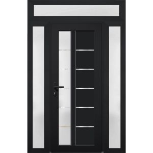 Front Exterior Prehung FiberGlass Door Frosted Glass / Manux 8088 Matte Black / 2 Side and Top Exterior Window / Office Commercial and Residential Doors Entrance Patio Garage-W14+36+14" x H80+14"-Right-hand Inswing