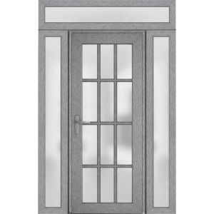 Front Exterior Prehung FiberGlass Door Frosted Glass / Manux 8312 Grey Ash / 2 Side and Top Exterior Window / Office Commercial and Residential Doors Entrance Patio Garage-W14+36+14" x H80+14"-Right-hand Inswing