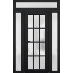 Front Exterior Prehung FiberGlass Door Frosted Glass / Manux 8312 Matte Black / 2 Side and Top Exterior Window / Office Commercial and Residential Doors Entrance Patio Garage-W14+36+14" x H80+14"-Right-hand Inswing