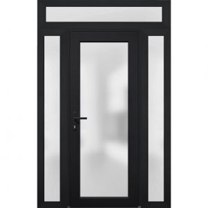 Front Exterior Prehung FiberGlass Door Frosted Glass / Manux 8102 Matte Black / 2 Side and Top Exterior Window / Office Commercial and Residential Doors Entrance Patio Garage-W12+30+12" x H80+16"-Right-hand Inswing