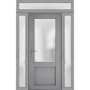 Front Exterior Prehung FiberGlass Door Frosted Glass / Manux 8422 Grey Ash / 2 Sidelight and Transom Window / Office Commercial and Residential Doors Entrance Patio Garage-W14+36+14" x H80+14"-Right-hand Inswing
