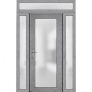 Front Exterior Prehung FiberGlass Door Frosted Glass / Manux 8102 Grey Ash / 2 Side and Top Exterior Window / Office Commercial and Residential Doors Entrance Patio Garage-W12+30+12" x H80+16"-Right-hand Inswing