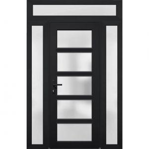 Front Exterior Prehung FiberGlass Door Frosted Glass / Manux 8002 Matte Black / 2 Side and Top Exterior Window / Office Commercial and Residential Doors Entrance Patio Garage-W14+36+14" x H80+14"-Right-hand Inswing