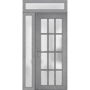 Front Exterior Prehung FiberGlass Door Frosted Glass / Manux 8312 Grey Ash / Side and Top Exterior Window / Office Commercial and Residential Doors Entrance Patio Garage-W36+12" x H80+14"-Right-hand Inswing