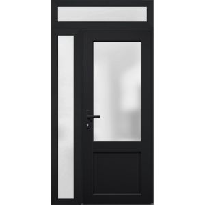 Front Exterior Prehung FiberGlass Door Frosted Glass / Manux 8422 Matte Black / Side and Top Exterior Window / Office Commercial and Residential Doors Entrance Patio Garage-W36+12" x H80+14"-Right-hand Inswing